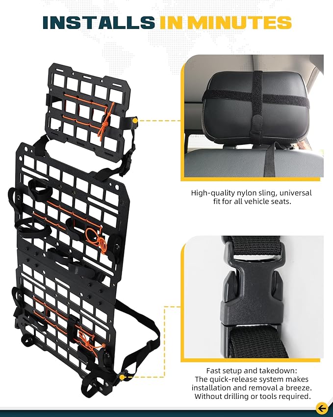 Rigid MOLLE Panel Seat Back & Headrest MOLLE Panel For Truck Pickup Vehicles Universal Truck Seat Back Organizer