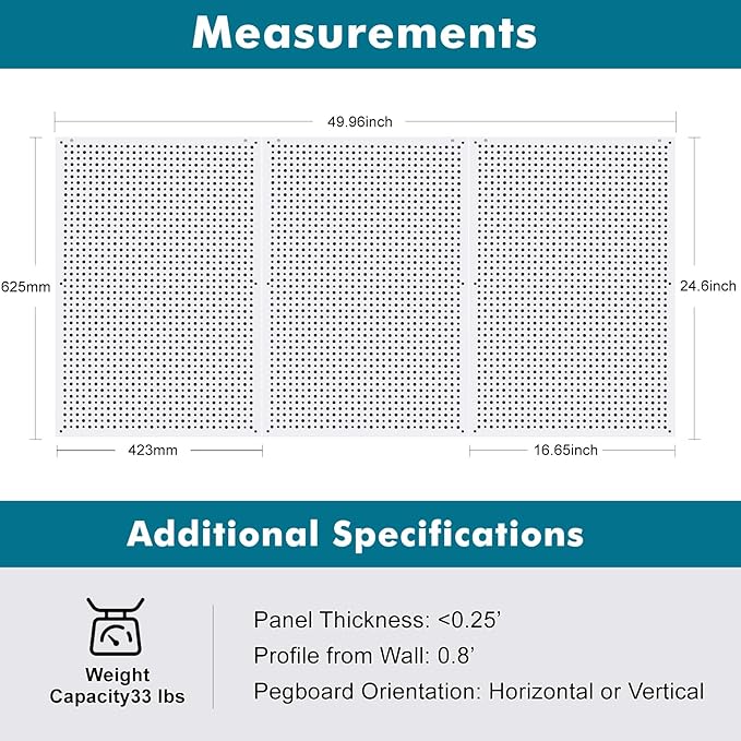 Pegboard Rack Garage Storage,Steel Pegboard Heavy Duty- 3 Pack 16-Inch X 24-Inch Metal Peg Board Tool Organization Panels (Wh