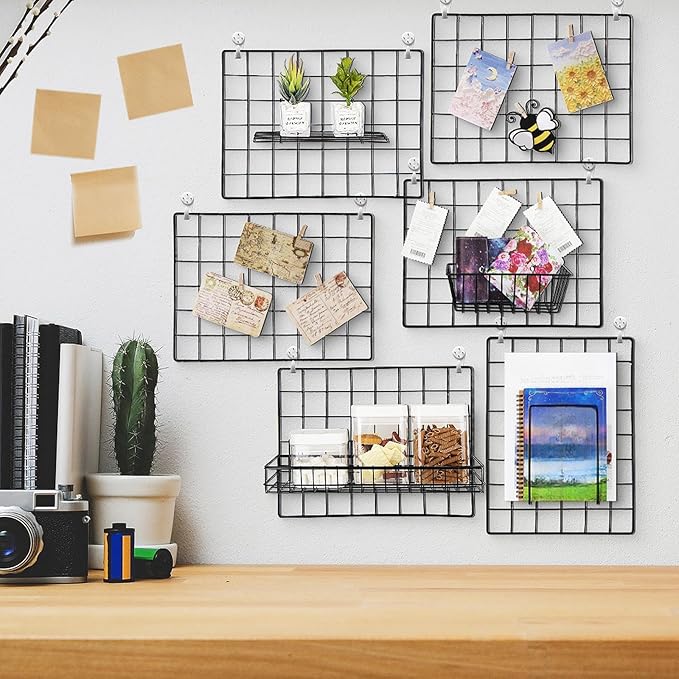6 Pack 16 x 12 Inch Black Wall Grid Wire Panel with Accessories 1 Black Hanging Wire Basket, 1 Shelf, 1 Hook Rack, 2 Letter S