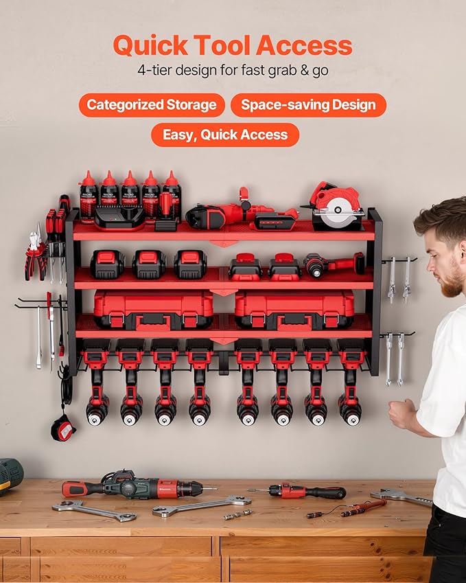 VEVOR Power Tool Organizer Wall Mount, 4-Layer Storage Rack with 8 Drill Holders, Tools Holder and Storage Rack with Side Peg