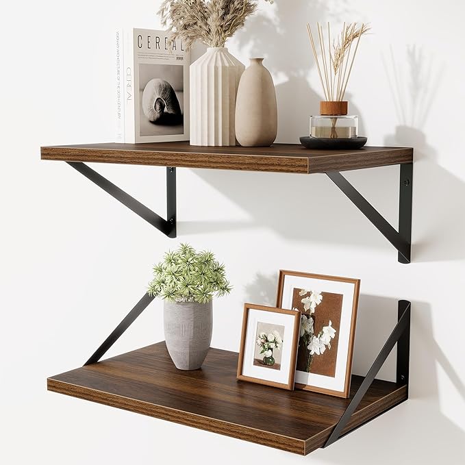 Floating Shelves for Wall,18" Wall Mounted Shelves Set of 2,Wood Floating Shelf with Bracket,Sturdy Metal Bracket Bookshelves
