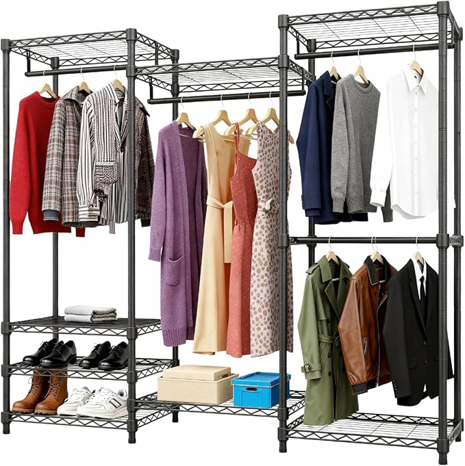 KAXIWEI Portable Closet Wardrobe – Heavy-Duty Freestanding Clothes Rack with 4 Hanging Rods & 8 Shelves, Adjustable Clothing 