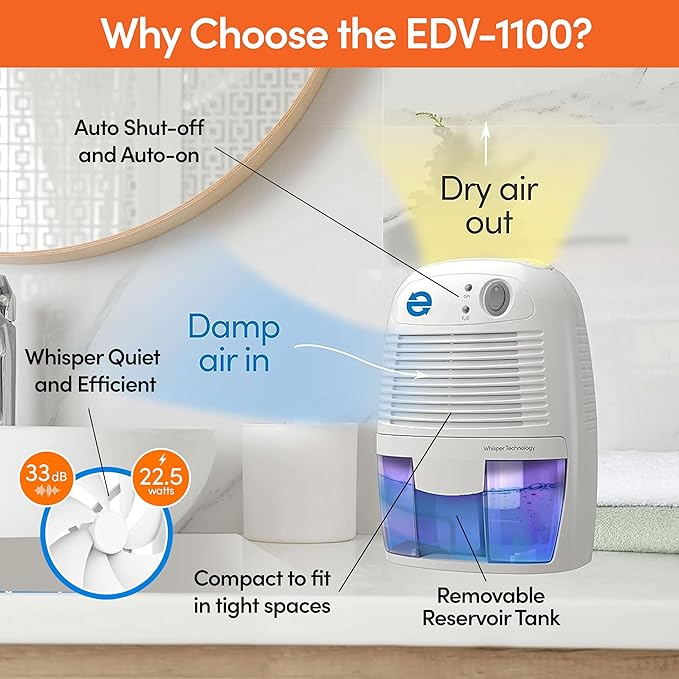 Eva-Dry EDV-1100 Whisper-quiet 16 OZ Dehumidifier with Auto Shut Off and Restart for small spaces in your Home, RV,