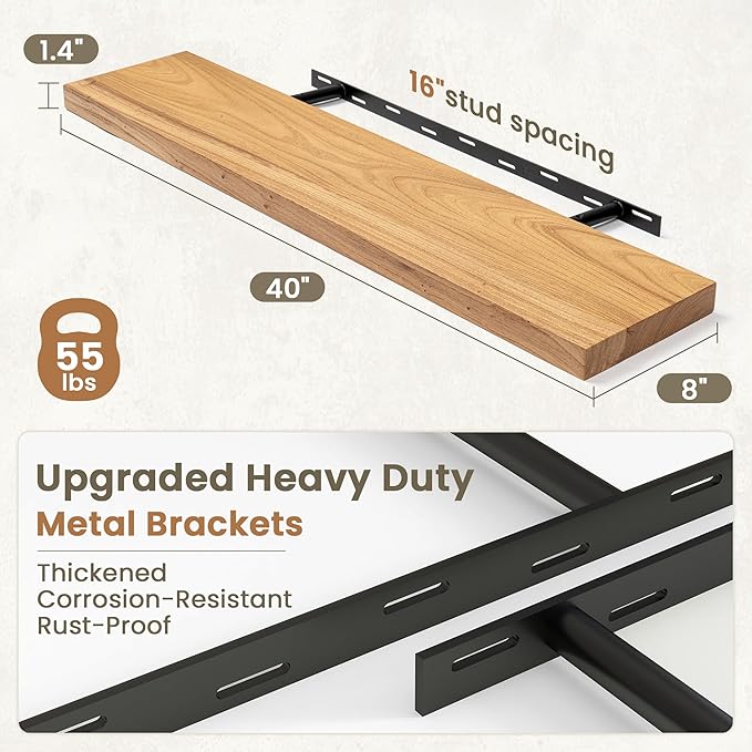 Fun Memories Solid Elm Wood Floating Shelves Set of 1-40 Inch Rustic Wall Shelves with Heavy-Duty Invisible Brackets - for Li