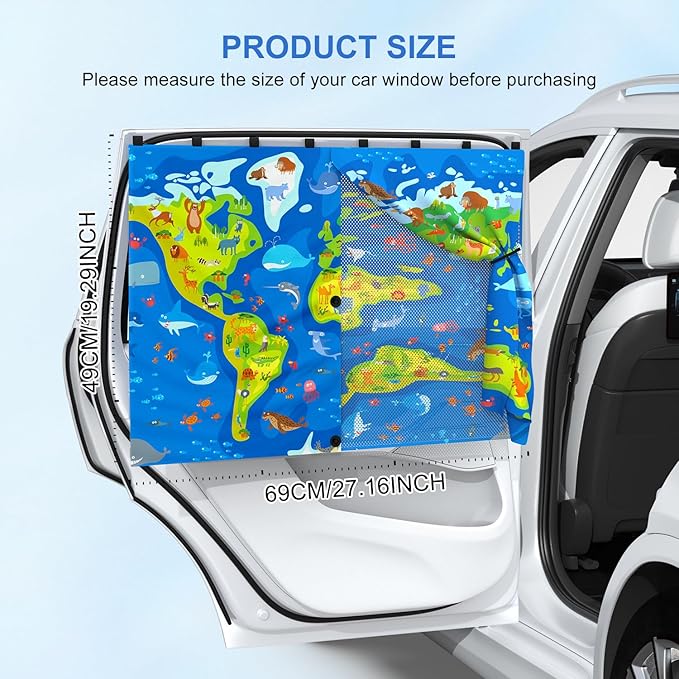 Car Window Shades with 8 Magnets-26.8"x19.7" Car Rear/Side Window Sunshade for Baby Semi-Transparent 2-in-1 Universal Auto Sun Shade for Kid & Pet Protection (2 Pack) World Map