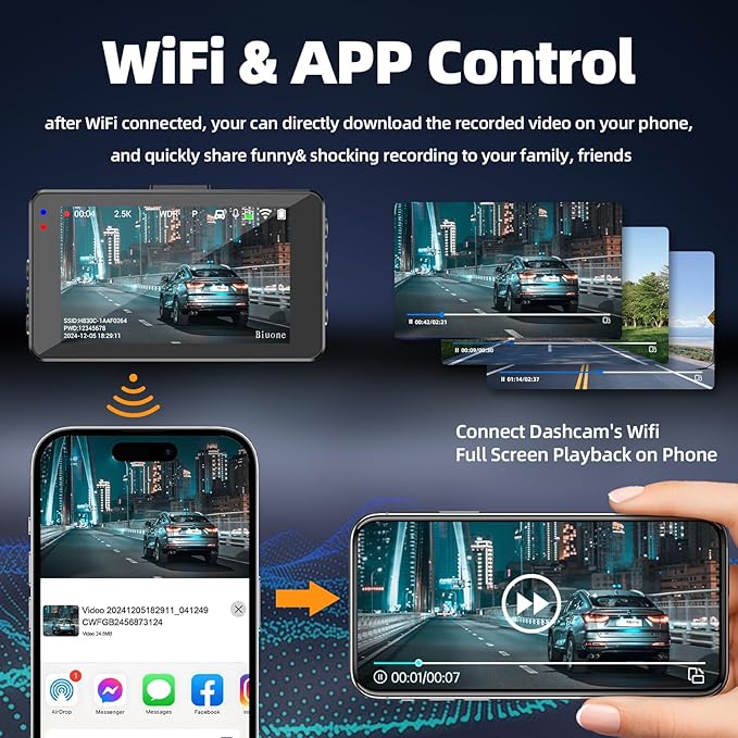 Dash Cam Front and Rear Dash Camera WiFi/APP Control Car Camera with 64G Card 2.5K Front Dash Cam+1080P Rear Dashcams with Su