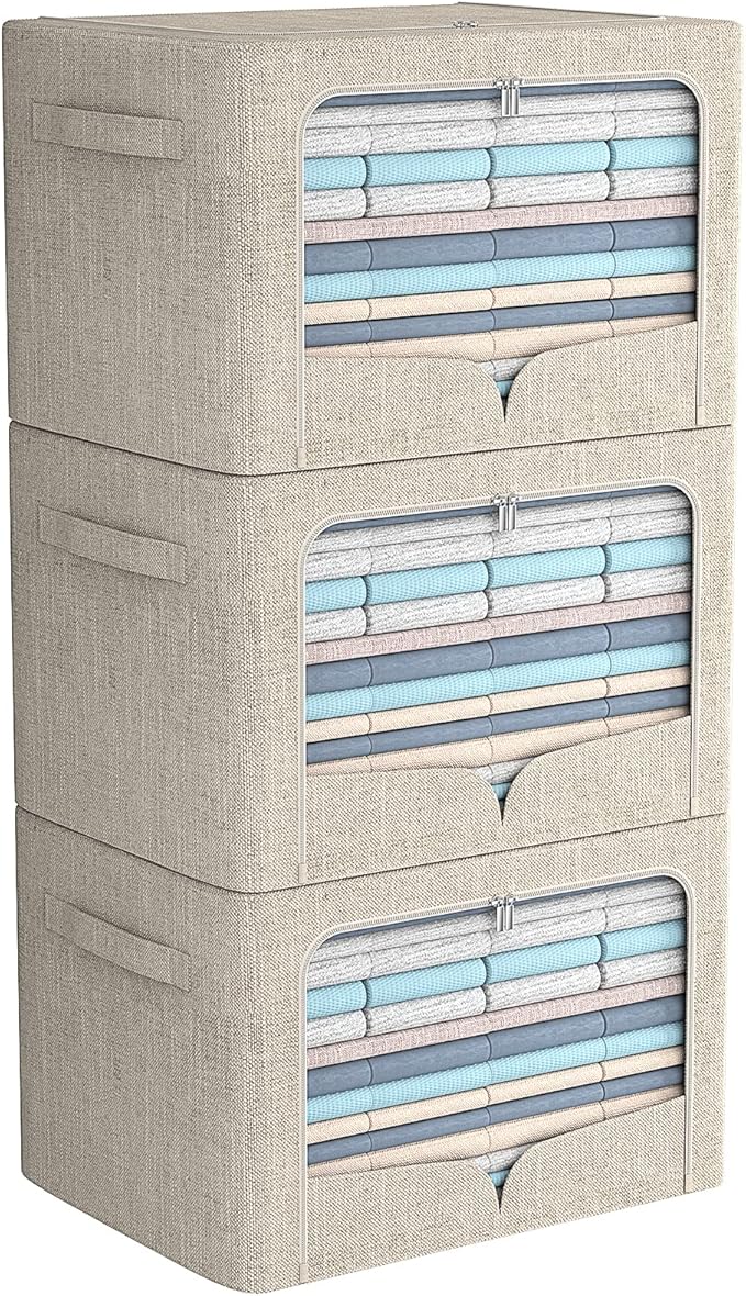 FHSQX 3 Pack Clothes Storage Bins Foldable Metal Frame Storage Box Stackable Linen Fabric Organizer Set with Carrying Handles