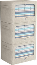 FHSQX 3 Pack Clothes Storage Bins Foldable Metal Frame Storage Box Stackable Linen Fabric Organizer Set with Carrying Handles
