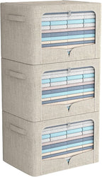 FHSQX 3 Pack Clothes Storage Bins Foldable Metal Frame Storage Box Stackable Linen Fabric Organizer Set with Carrying Handles