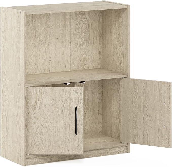 Furinno GRUEN Book Shelf, 2-Tier Small Bookshelf, Bookcase with Open Shelf and Doors Storage Cabinet, 9.3 x 21.8 x 27, for Or