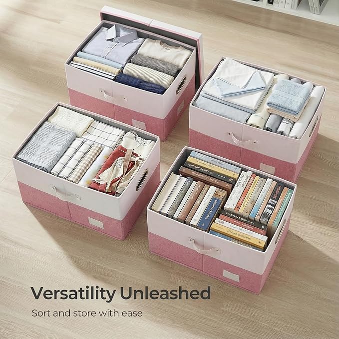 PRANDOM Storage Bins with Lids [3-Pack] Linen Fabric Foldable Storage Boxes Organizer Containers Baskets Cube with Cover for 