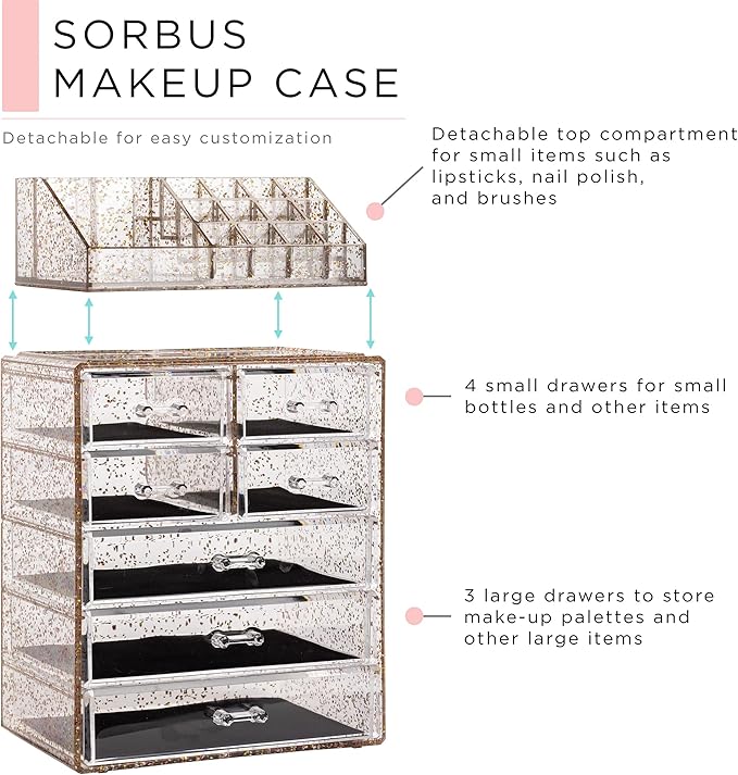 Sorbus Acrylic Makeup Organizer Set, 7-Drawer Vanity & Countertop Cosmetic Storage with Small & Wide Compartments, Glitter Ma