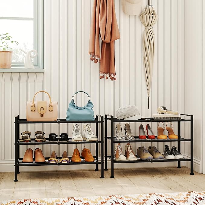 3-Tier Adjustable Shoe Rack, 26.5-Inch Wide Metal Storage Organizer for Closet Entryway, Heavy-Duty Stand for Shoes, Books, o