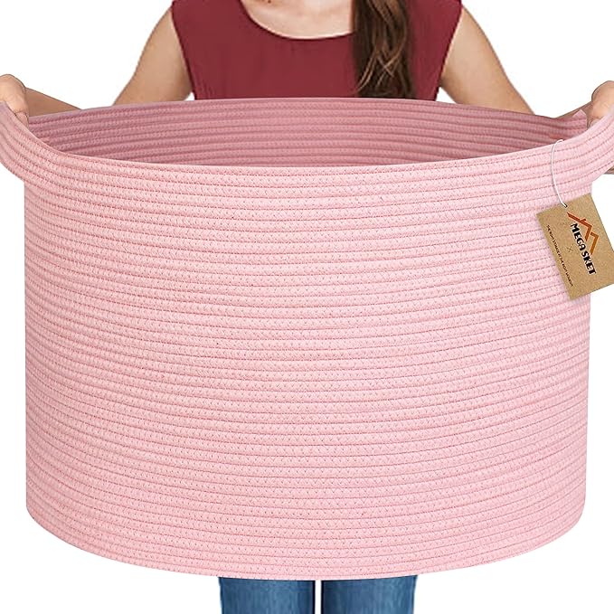 MEGASKET Extra Large Pink Basket, 22"x22"x14" Woven Cotton Rope Bin with Handles, Blanket Storage for Living Room, Baby Kids 