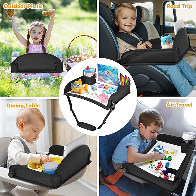 Kids Travel Tray for Toddler Carseat, Road Trip Activities Essentials for Toddler, Kids Lap Desk Tray with Tablet Holder Stand ＆ Dry Erase Board (Black)