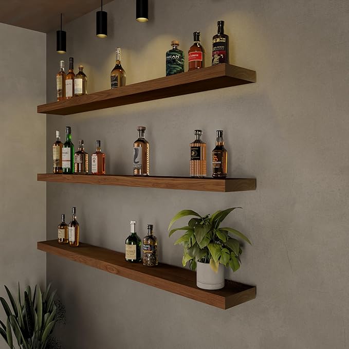 ROGMARS 48Inches Long Walnut Floating Shelves,Rustic Solid Wood Farmhouse Wall Shelves with Invisible Brackets for Bathroom, 