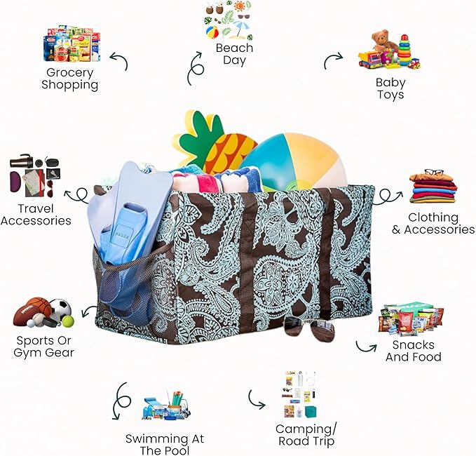Extra Large Utility Tote Bag - Oversized Collapsible Reusable Wire Frame Rectangular Canvas Basket With Two Exterior Pockets For Beach, Pool, Laundry, Car Trunk, Storage - Paisley Blue