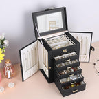 Kendal Jewelry Box, 6-Layer Jewelry Storage Organizer for Necklace Bracelet Rings Watch, 10.2"x8.2"x6" Classic Black PU Leath