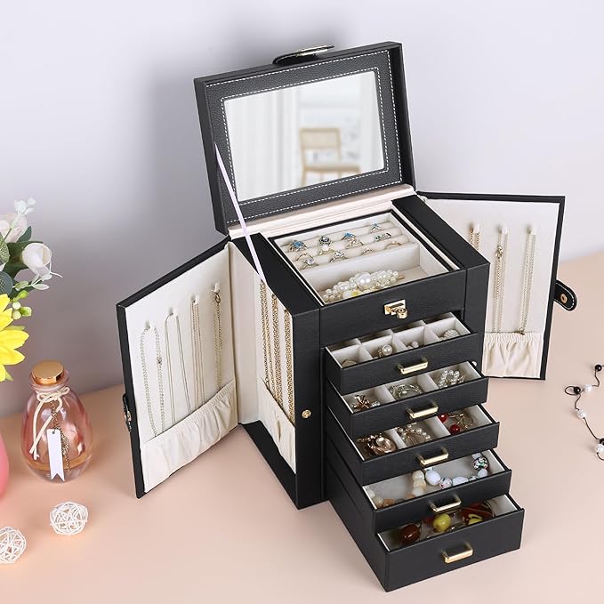 Kendal Jewelry Box, 6-Layer Jewelry Storage Organizer for Necklace Bracelet Rings Watch, 10.2"x8.2"x6" Classic Black PU Leath