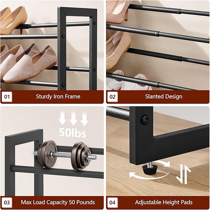FAVOOSTY 4-Tier Expandable Shoe Rack, Adjustable Shoe Shelf Storage Organizer Space Saving Metal Free Standing Shoe Rack for 