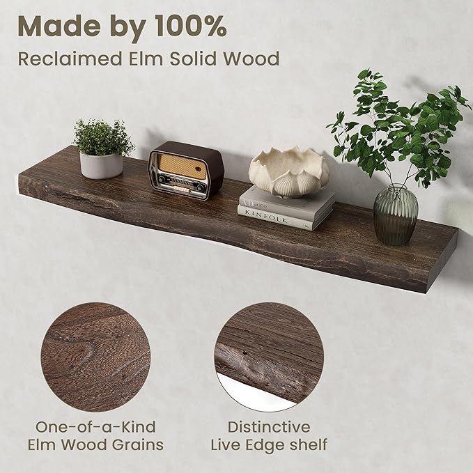 Fun Memories Floating Shelves for Wall Decor Set of 1-40 Inch Solid Elm Wood Live Edge - Rustic Walnut Wall Shelves with Invi
