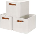 HNZIGE Large Fabric Storage Basket Organizers (3 PCS), Foldable Decorative Shelf Baskets with Leather Handles (Cream, 15" x 1