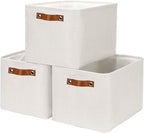 HNZIGE Large Fabric Storage Basket Organizers (3 PCS), Foldable Decorative Shelf Baskets with Leather Handles (Cream, 15" x 1