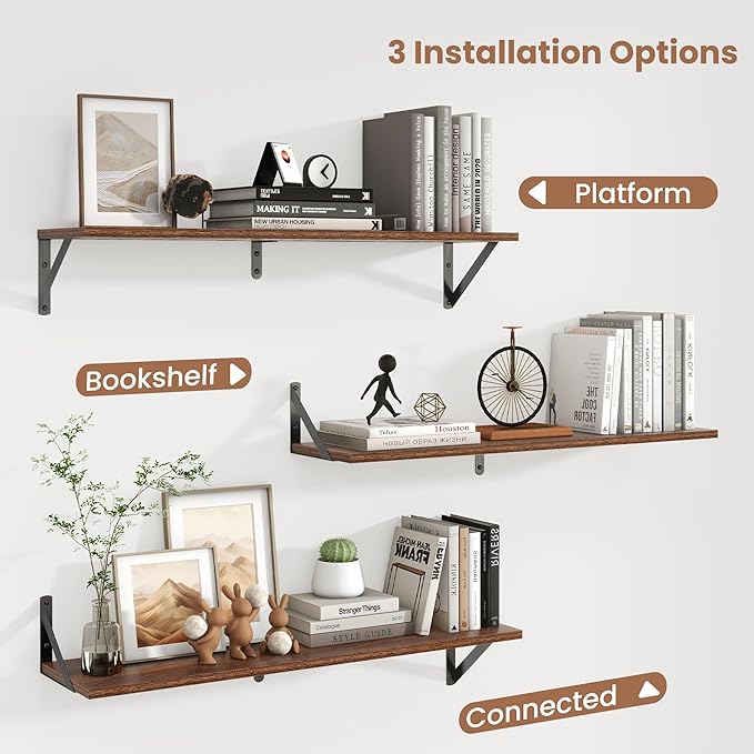Axeman 32 Inch Floating Shelves | 8 Inch Deep Walnut Wall Shelves Set of 2 | 31.5W x 8D Rustic Wood Shelves for Bookshelf Liv