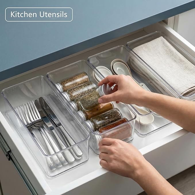Qilinba 8 PACK Drawer Organizer Bins Bathroom Deep Drawer Organizer Tray for Cutlery Vanity Make-up, Clear Stackable Storage 