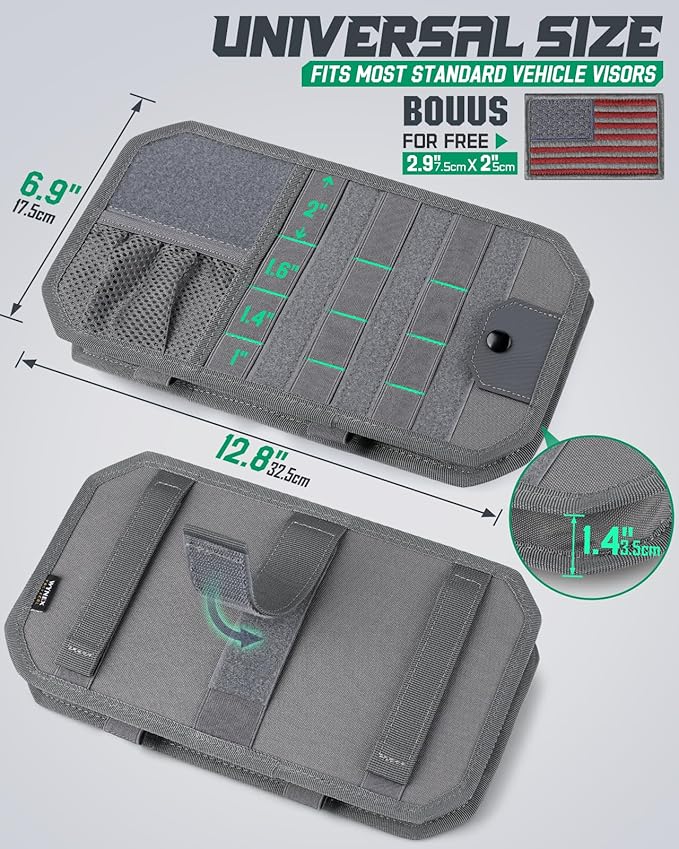 LIVANS Tactical Car Sun Visor Organizer, Automotive Semi-Rigid MOLLE Panel with Zipper Storage Pouch & Glasses Clip, Universal Fit for Trucks, SUVs, Jeeps & Patrol Vehicles (Gray)
