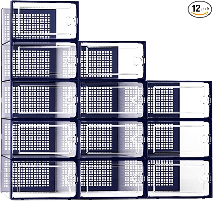 Kuject X-Large Shoe Storage Boxes Organizers Clear Plastic Stackable 12 Pack, Shoe Rack & Holder Substitute, Sneaker Containe