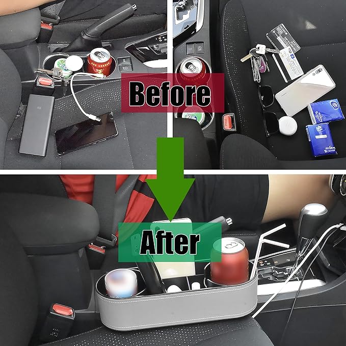 iokone Coin Side Pocket Console Side Pocket Leather Cover Car Cup Holder Auto Front Seat Organizer Cell Mobile Phone Holder (Slim-Gray)