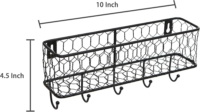 MyGift Wall Mounted Metal Entryway Mail Holder and Key Organizer Rack with 5 Hooks, Decorative Storage Basket and Hanger Hook