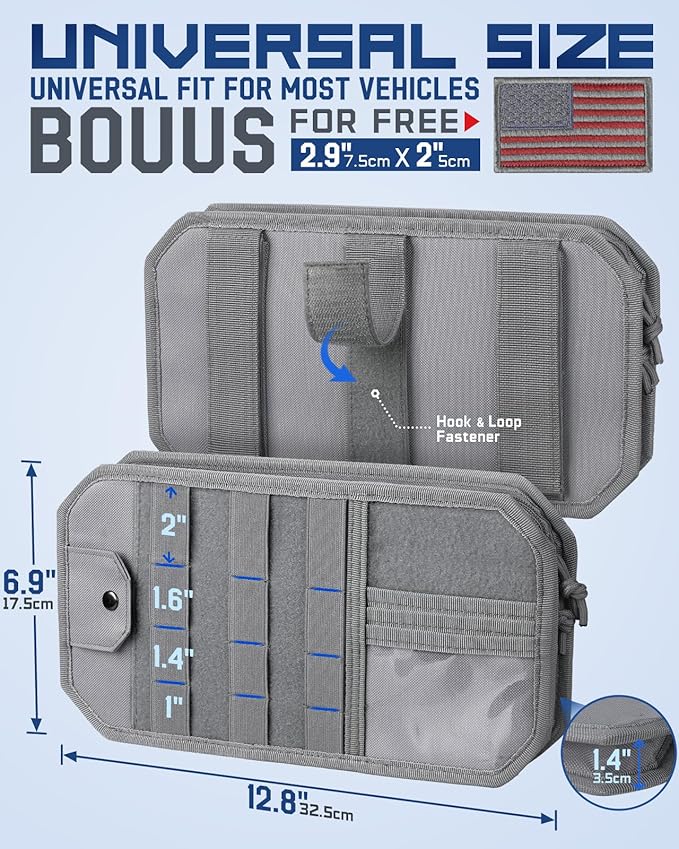 Molle Car Sun Visor Organizer with Zipper Storage Pouch & Glasses Clip, Auto Semi-Rigid MOLLE Panel for Police Gear & Overlanding Accessories, Fit Most Cars, SUVs, Vans & Trucks