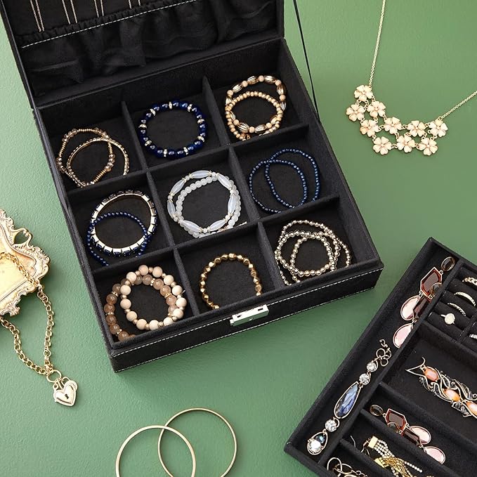Juvale Jewelry Box for Men - 10.5 x 10.5 x 3.5 in, Black Velvet - Locking 2-Layer Travel Jewelry Organizer & Earring Holder, 