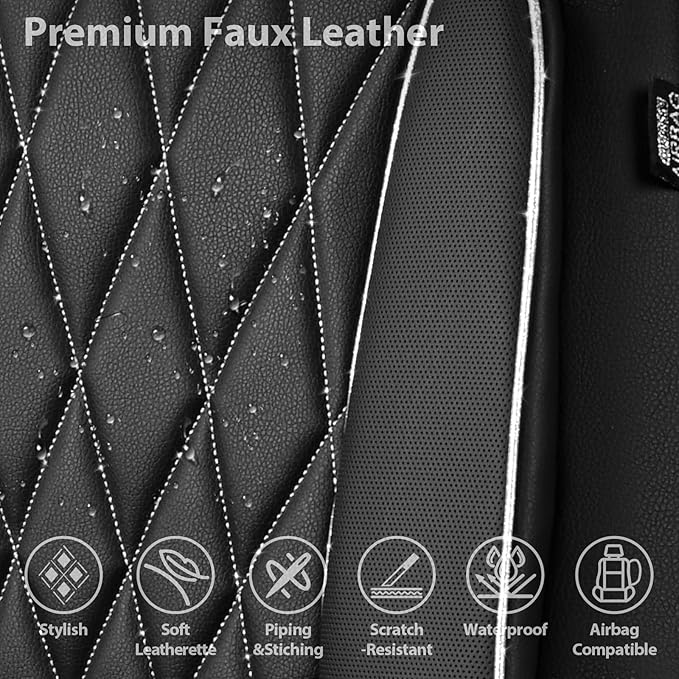 CAR PASS Piping Luxury Leather Two Front Car Seat Covers,Silver Glitter Waterproof Seat Cover Compatible with Front Seat Armr