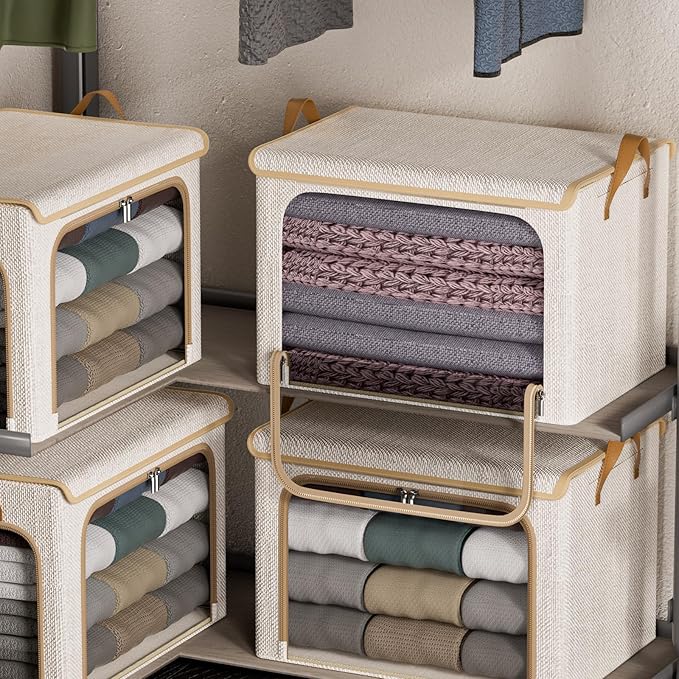 4 Pack Clothes Storage Bins with Metal Frame - 66L Stackable Storage Box with Lid，Foldable Storage Container Organizer for Cl
