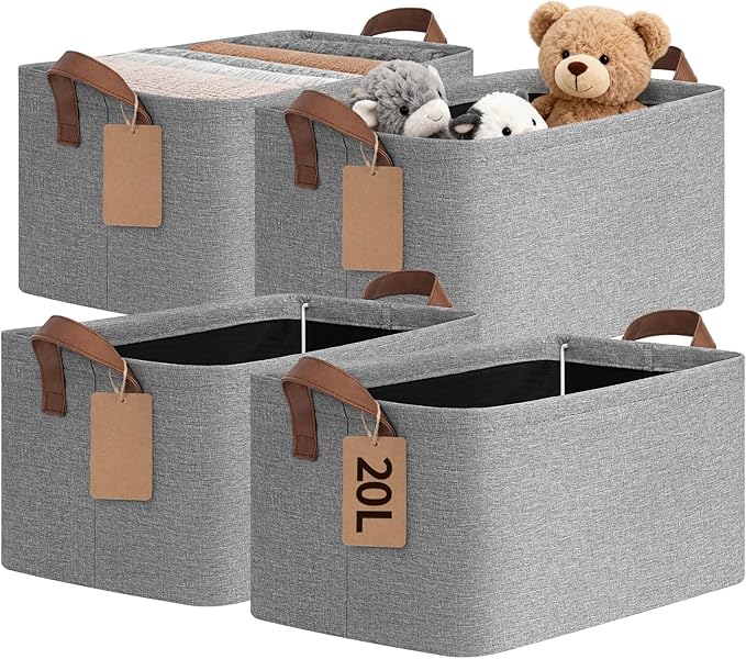 CHICVITA 4 Pack Storage Baskets for Shelves, Foldable Fabric Storage Bins with Metal Frame Handles, Closet Organizer Bins for