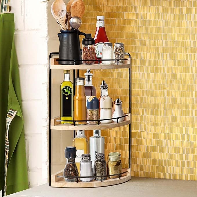 3 Tier Bathroom Counter Organizer, Bathroom Counter Tray and Vanity Organizer, Wood Corner Countertop for Kitchen, Dresser (R