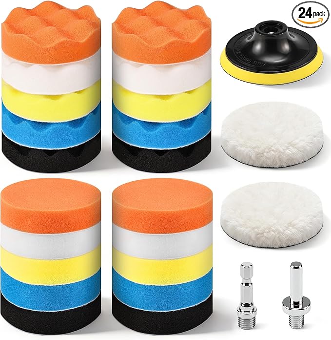 GOH DODD 4 Inch 24 Pieces Buffing Polishing Pads, Car Foam Drill Polishing Pad Kit Sponge Pads Buffer Polisher Kit Headlight 