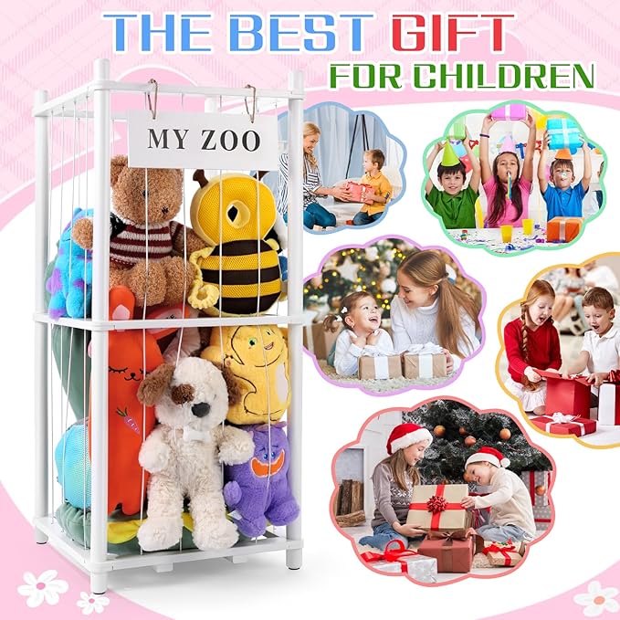 GLDZI Stuffed Animal Storage Zoo, Wooden Stuffed Animal Organizer with Elastic Cords for Boys Girls, Space Saving Toy Plushie