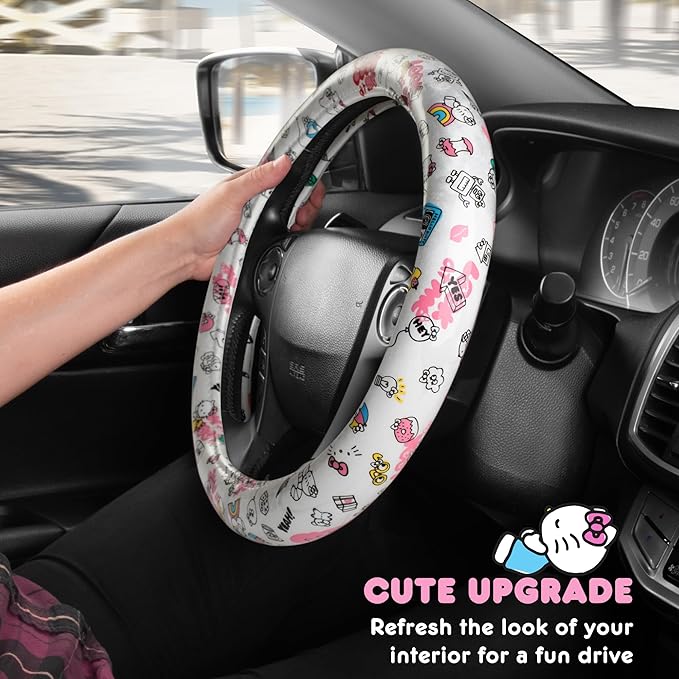 Hello Kitty Steering Wheel Cover, Official Sanrio Car Steering Wheel Cover with Universal Size 14.5-15, Cute White Hello Kitty Car Accessories for Women (Hello Kitty Look at Me)