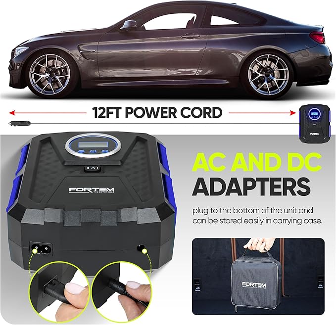 FORTEM Tire Inflator Portable Air Compressor, Air Pump for Car Tires and Bikes, Car Tire Pump w/Auto Shut Off, 150 PSI, 110V AC 12V DC, LED Light, Carrying Case, for Men, Women