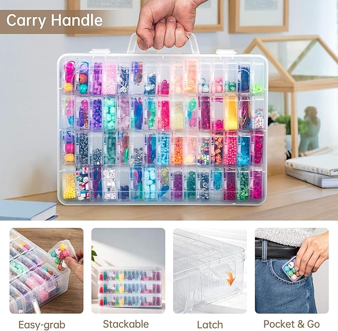 Bead Organizer Box, 60 Pack Small Clear Storage Boxes with Labels, Large Travel Craft Case with Handle, Mini Plastic Containe