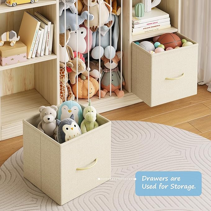 EXPERLAM Toy Storage Organizer with Stuffed Animal Storage, Wooden Toy Organizer & Stuffed Animal Zoo, 6 Cubes Shelf with Rem