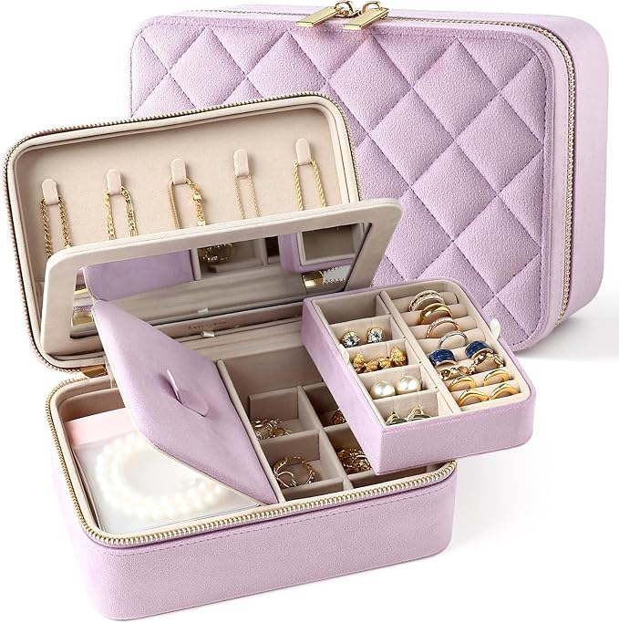 Velvet Travel Jewelry Box with Large Mirror, Double-Layer Jewelry Organizer Case for Women and Girls, Portable Storage Case w