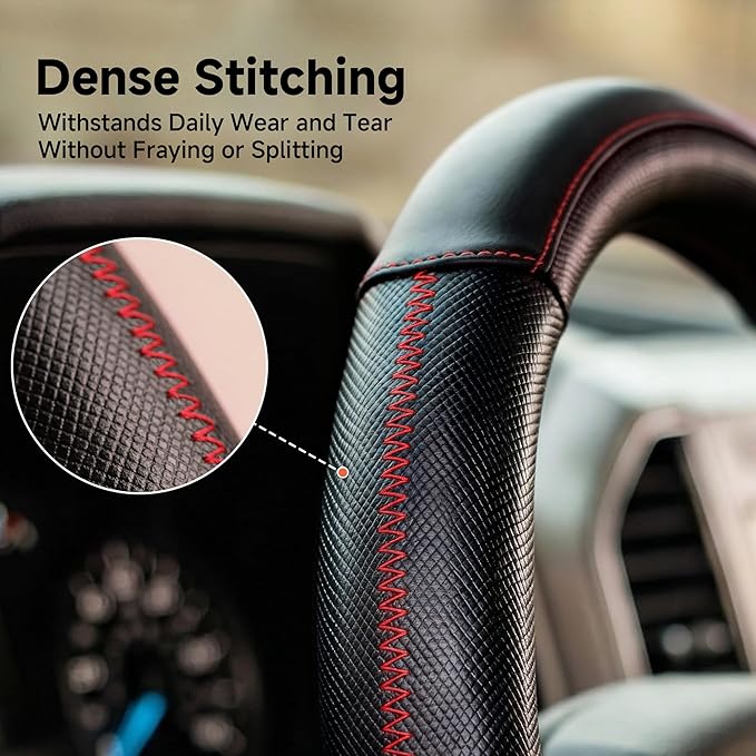 West Llama Car Steering Wheel Cover for Ford F-150(1997-2026), F-250(1997-2026), F-350, 15.5-16 inches, Black + Red Line