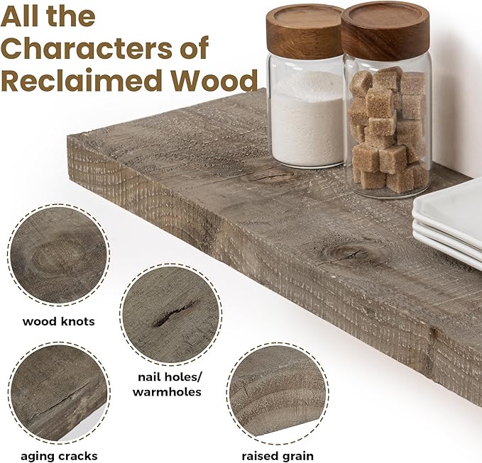 Solid Reclaimed Wood Floating Shelf 48inches Width and 8 inches Depth, Rustic Reclaimed Barnwood Wall Hanging Shelves with In
