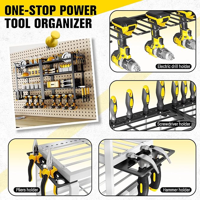 Hipidian Power Tool Organizer Wall Mount - Storage Rack with 4 Drill Holders for Drills Cordless Tools. Heavy Duty Iron Garag
