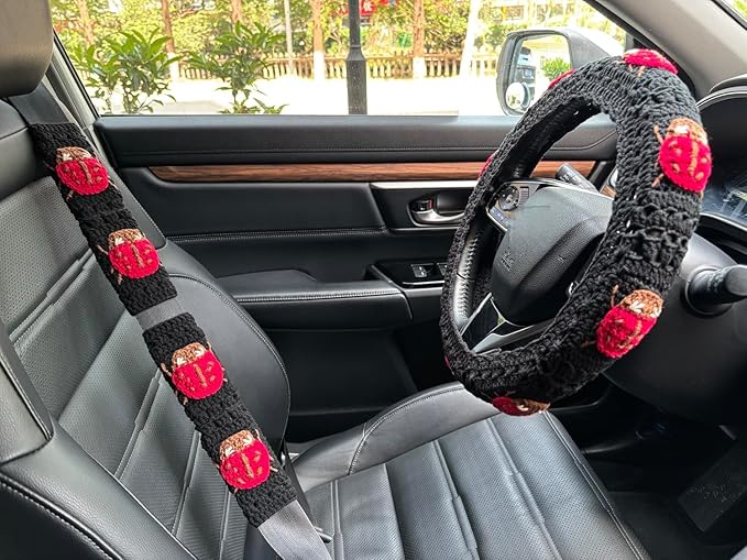 Crochet Ladybug Steering Wheel Cover Universal 14-15 inch (D,Wheel Cover+2 Belt Cover)